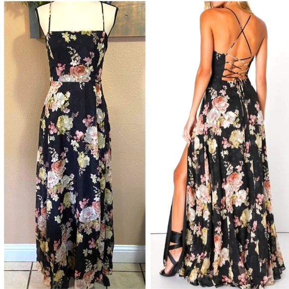 Lulus Dresses & Skirts - Lulu's Black Jacquard Floral Lace up Maxi Dress Large